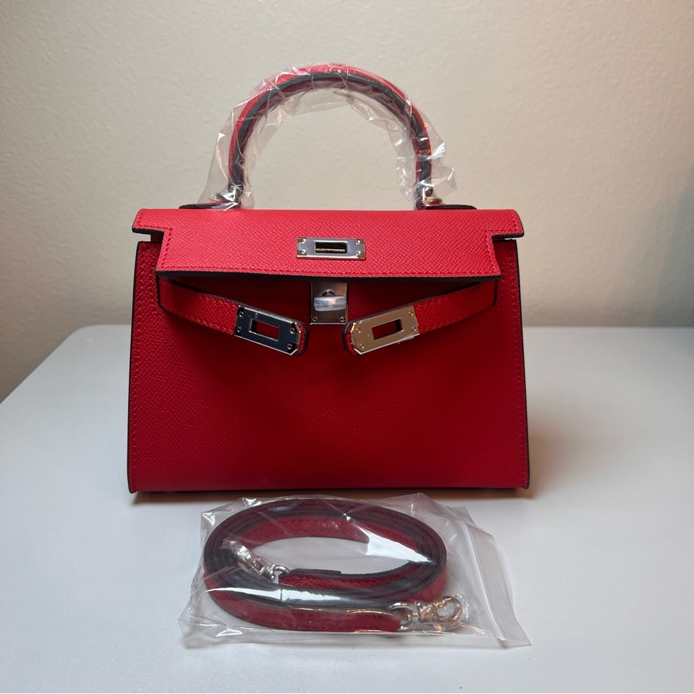Genuine Epsom Leather mini handbag with shoulder strap Silver hardware